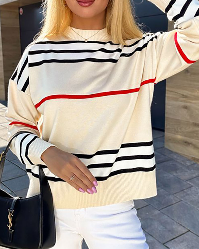 

Striped Mock Neck Long Sleeve Knit Sweater, Apricot