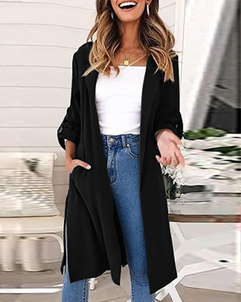 

Solid Long Sleeve Casual Longline Wind Coat, Black