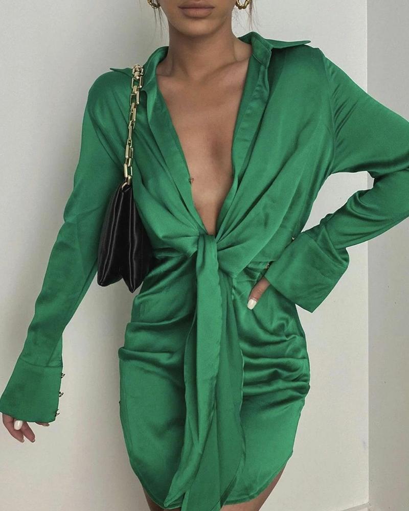 

Solid Color Long Sleeve Tie Front Dress, Green