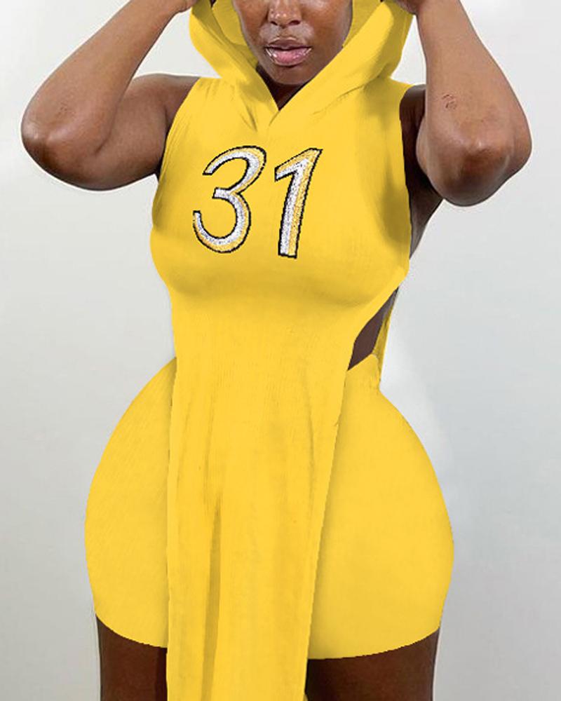 

Number Embroidery Split Hem Hooded Top & Shorts Set, Yellow