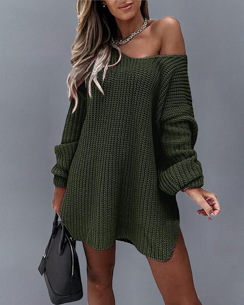 

Long Sleeve Slit Round Neck Sweater, Army green