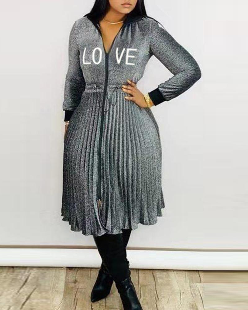 

Letter Embroidery Long Sleeve Drawstring Pleated Dress, Gray