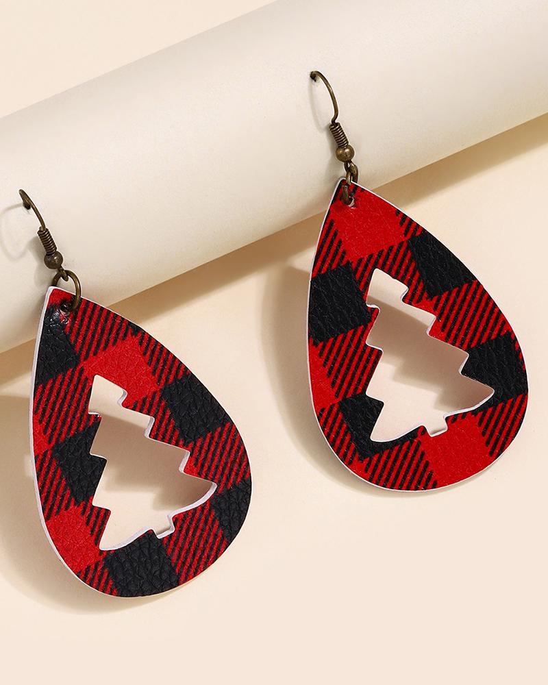 

1Pair Christmas Plaid Tree Hollow Out Water Drop Earrings, Red