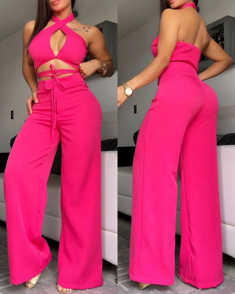 

Halter Tied Detail Cutout Top & Wide Leg Pants Set, Hot pink