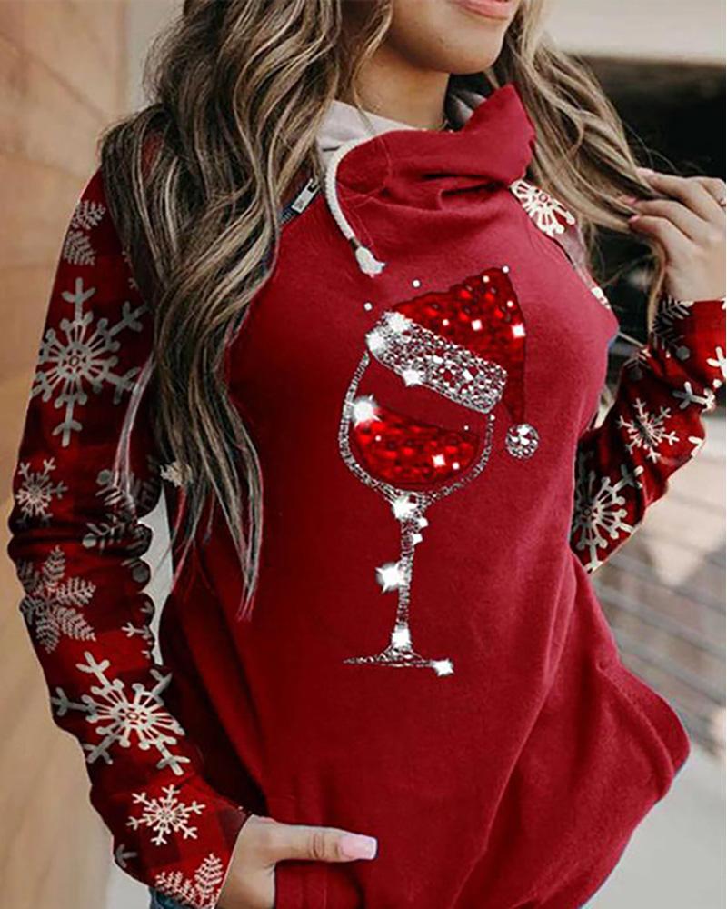 

Christmas Striped Letter Snowflake Print Drawstring Casual Top, Red
