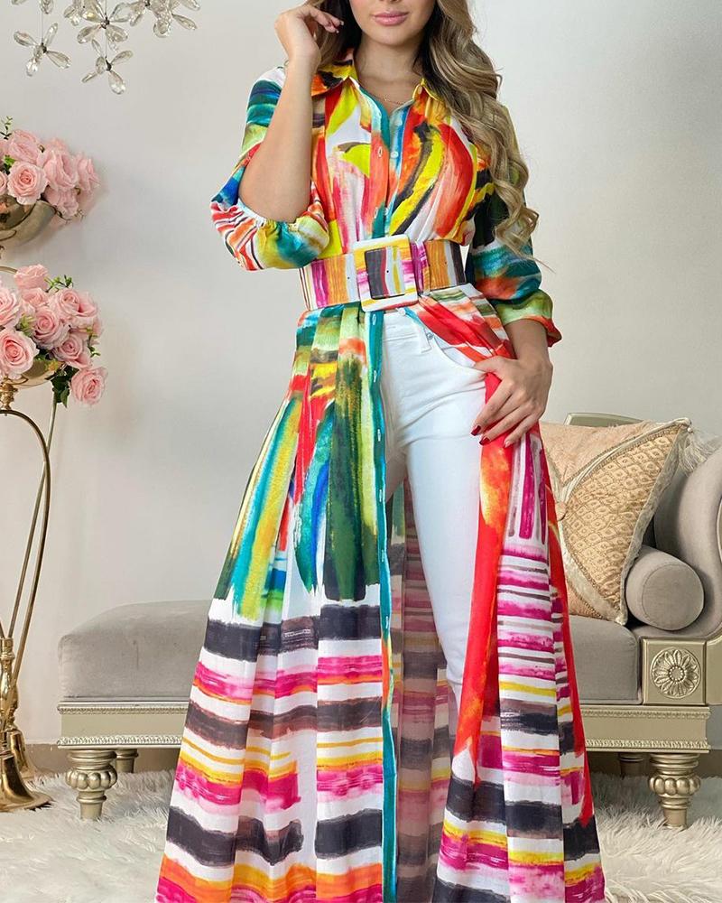 

Rainbow Stripe Button Up Belted Longline Shirt, Multicolor