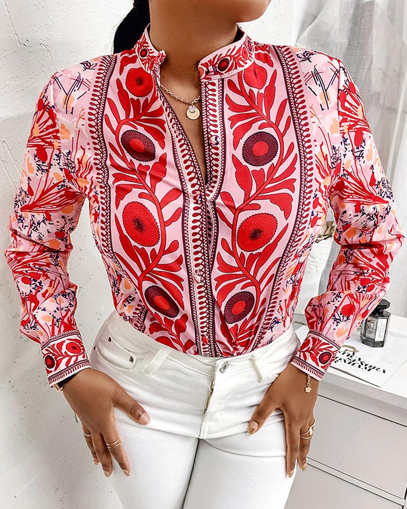 

Graphic Print Long Sleeve Button Up Top, Red