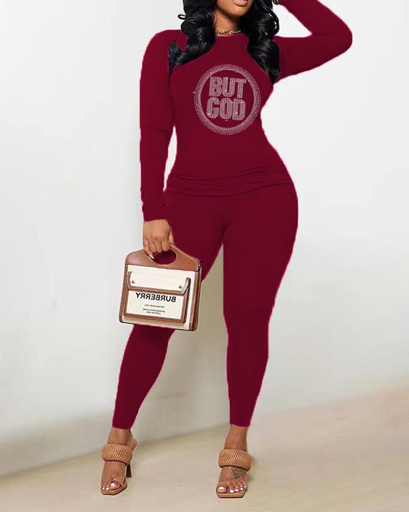 

Rhinestone Letter Pattern Top & Pants Set, Red