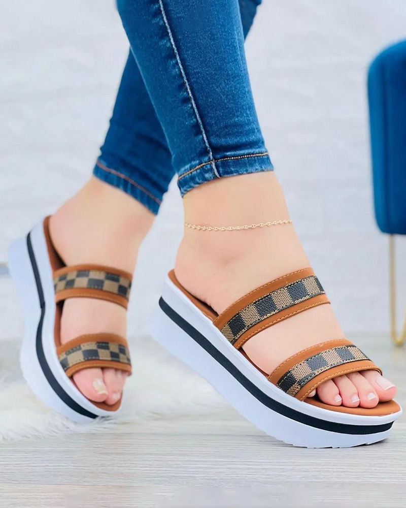 

Plaid Double Strap Platform Wedge Sandals, Brown