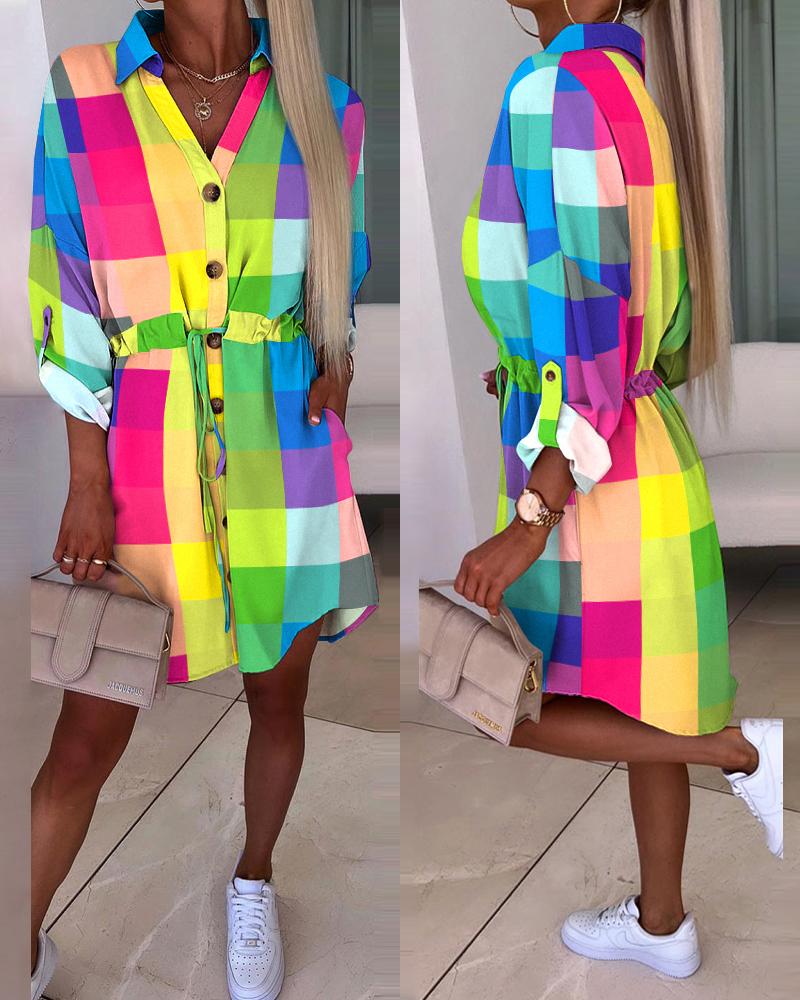 

Colorful Plaid Print Pocket Design Drawstring Shirt Dress, Multicolor