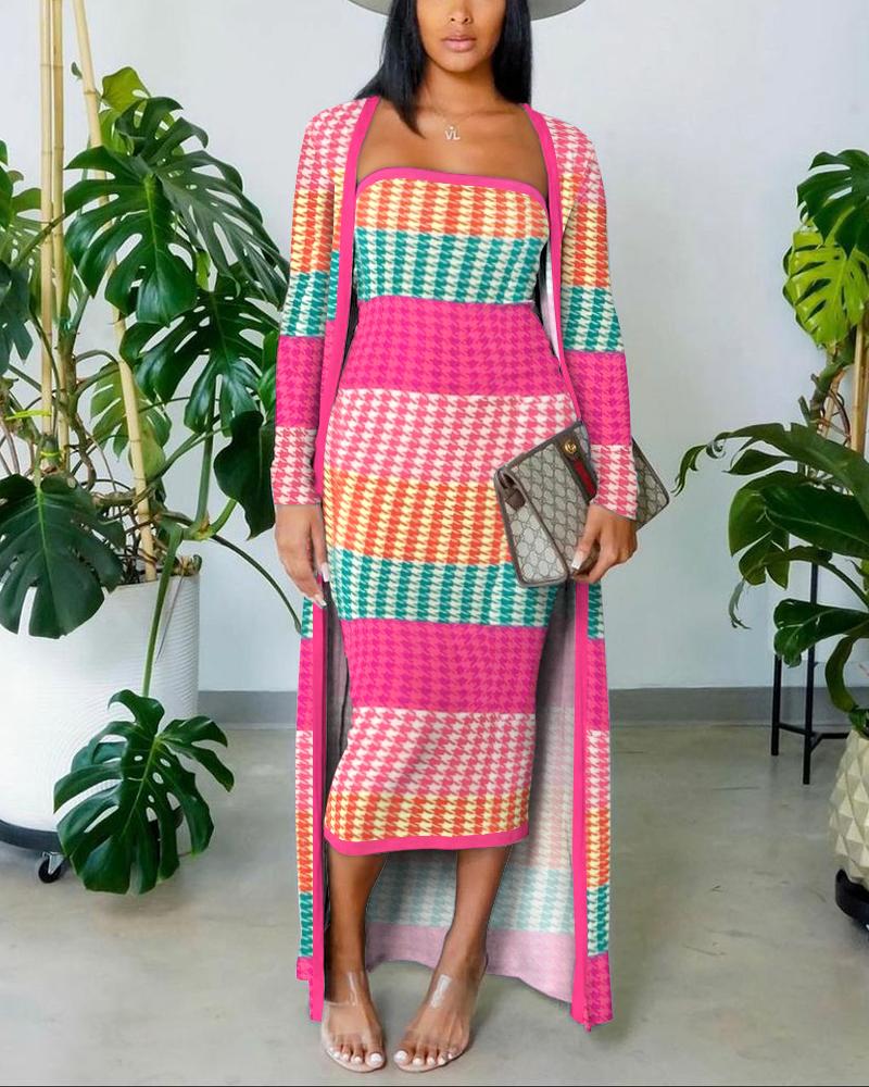 

Houndstooth Print Colorblock Tube Bodycon Dress With Longline Coat, Multicolor