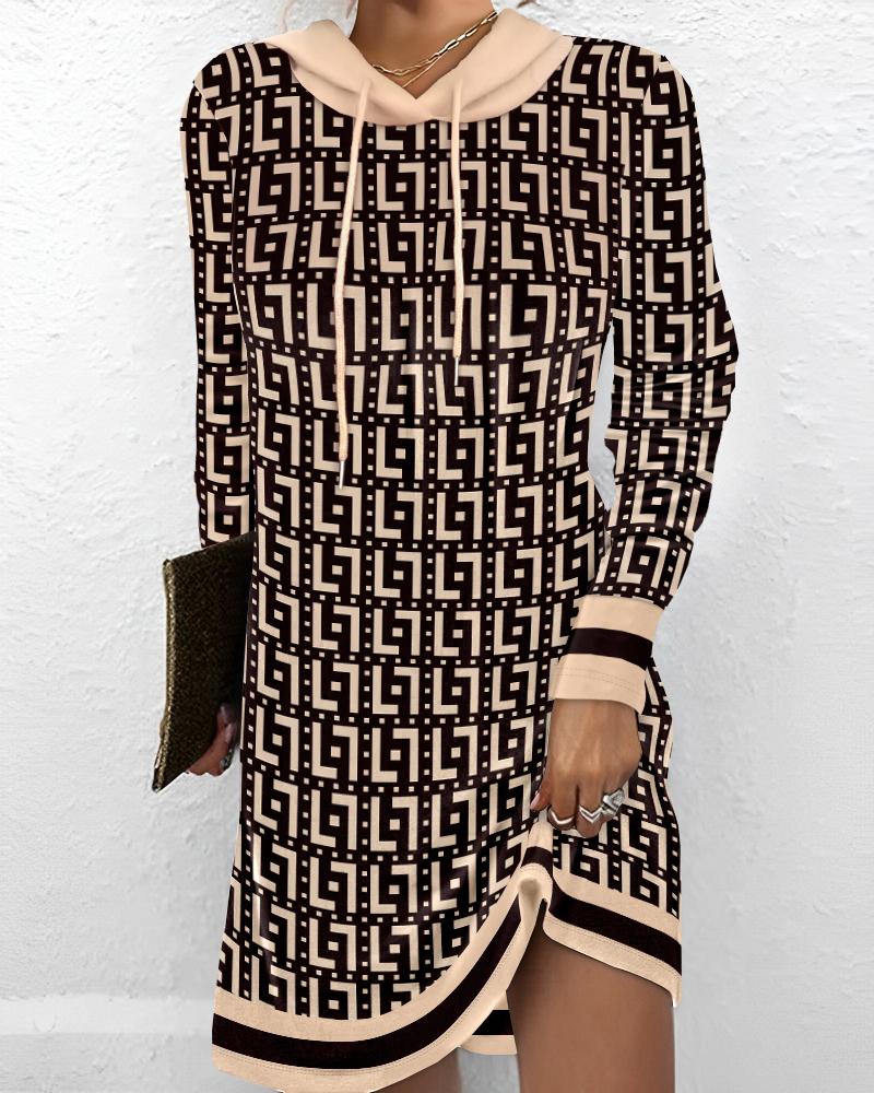 

Geometric Print Striped Drawstring Hooded Casual Dress, Khaki