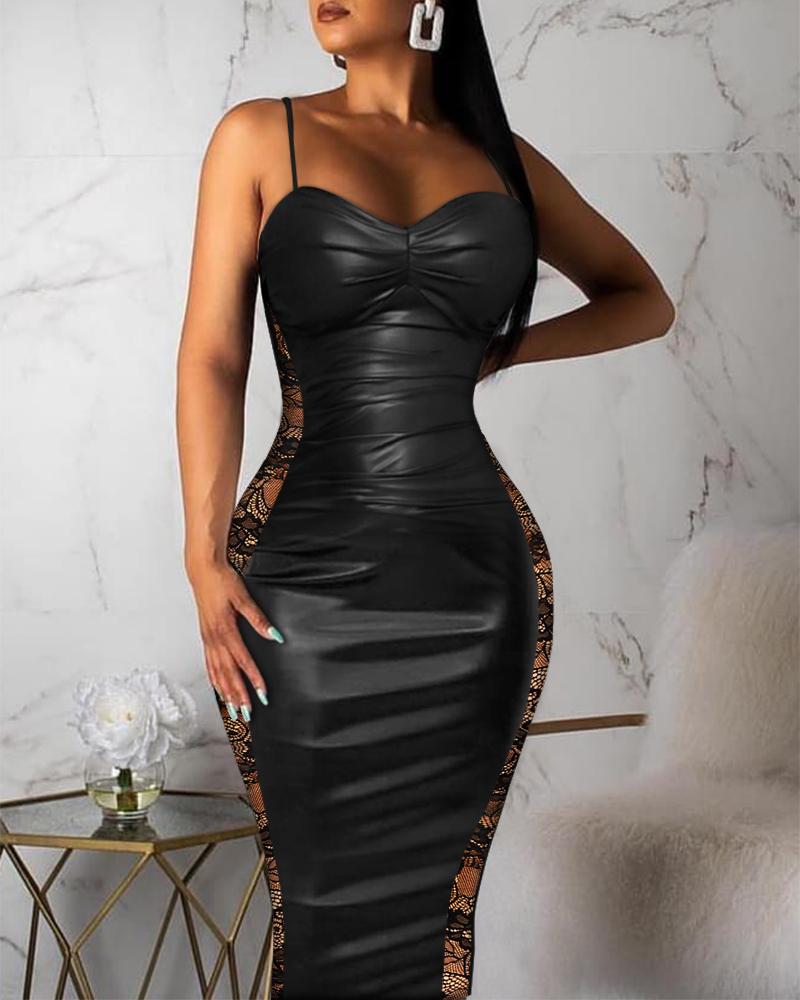 

Contrast Lace PU Leather Bodycon Dress, Black