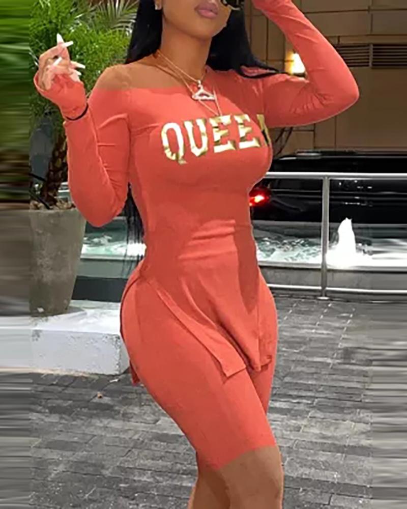 

Slit Letter Print Long Sleeve Top & Shorts Set, Pink