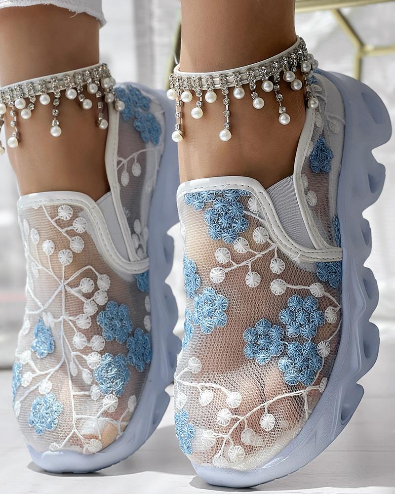

Floral Pattern Sheer Mesh Patch Round Toe Sneakers, White&blue