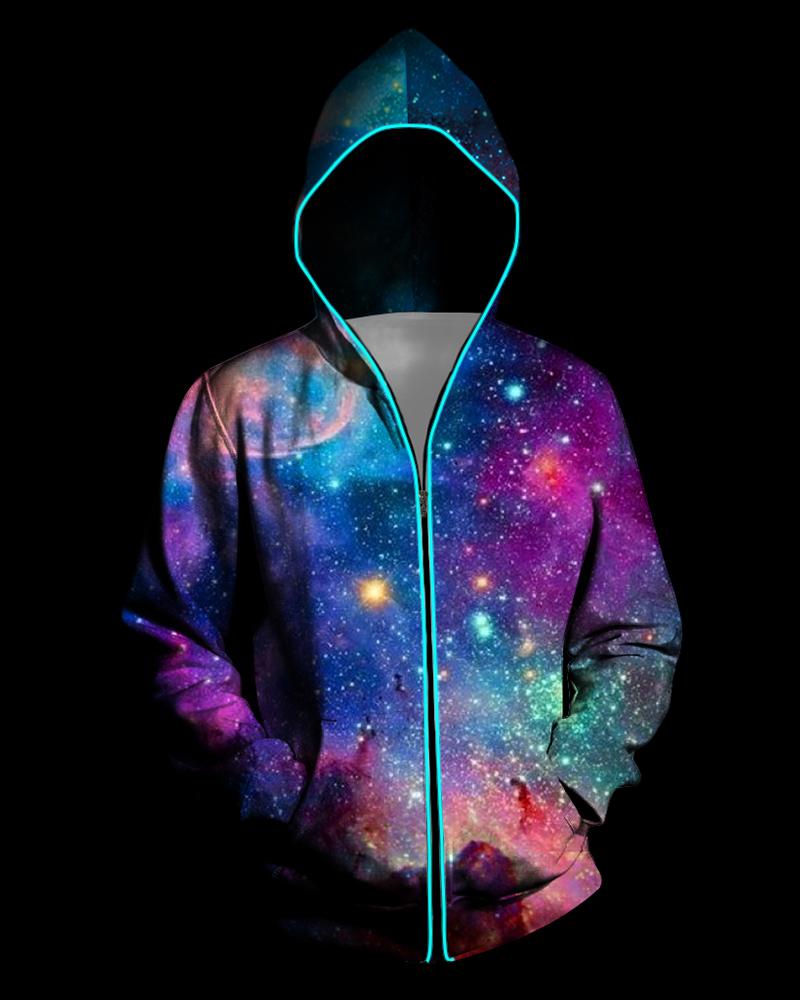

3D Light Up Hooded Galaxy Print Zipper Battery Powered Jacket, Dark blue