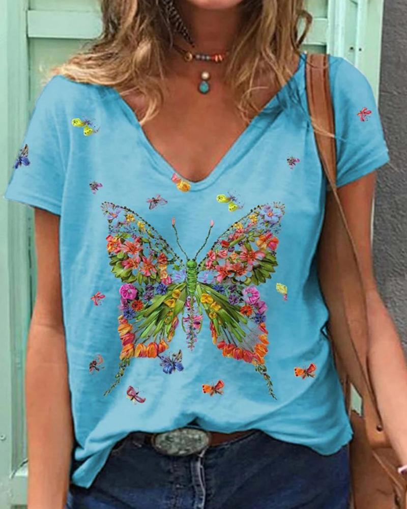 

Floral Butterfly Short Sleeve V-Neck Casual T-shirt, Blue
