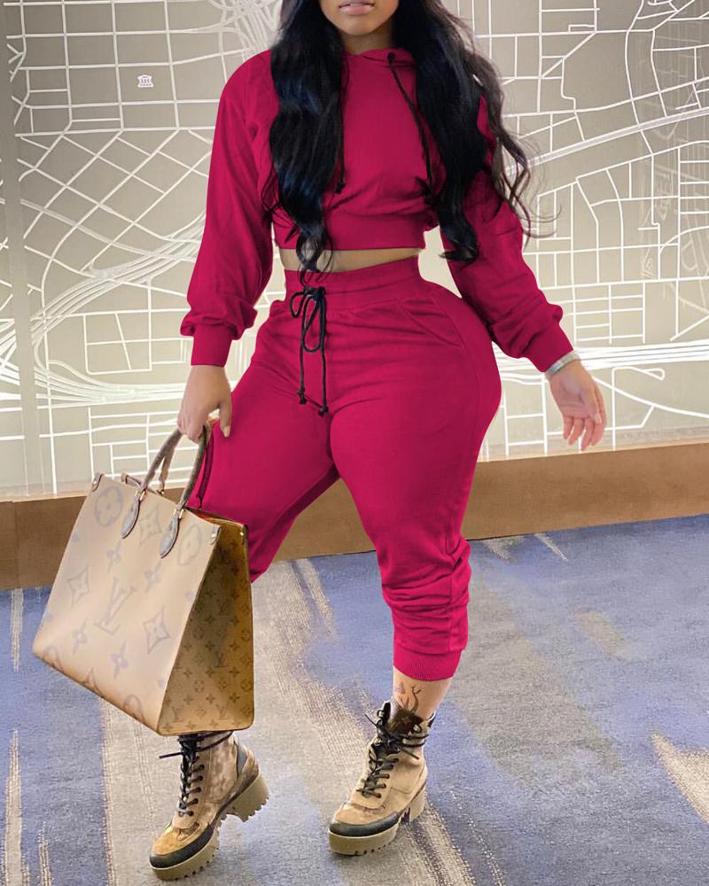 

Long Sleeve Casual Hoodie & Drawstring Pants Set, Hot pink