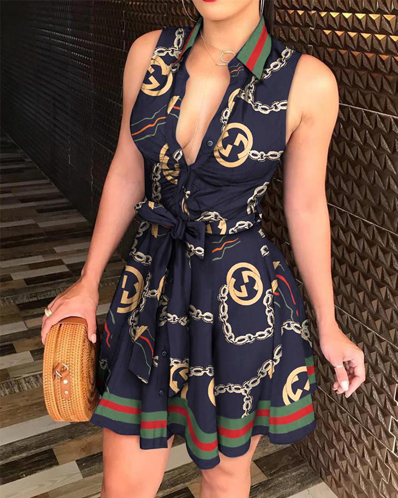 

Chain Print Tie Waist Sleeveless Shirt Dress, Purplish blue
