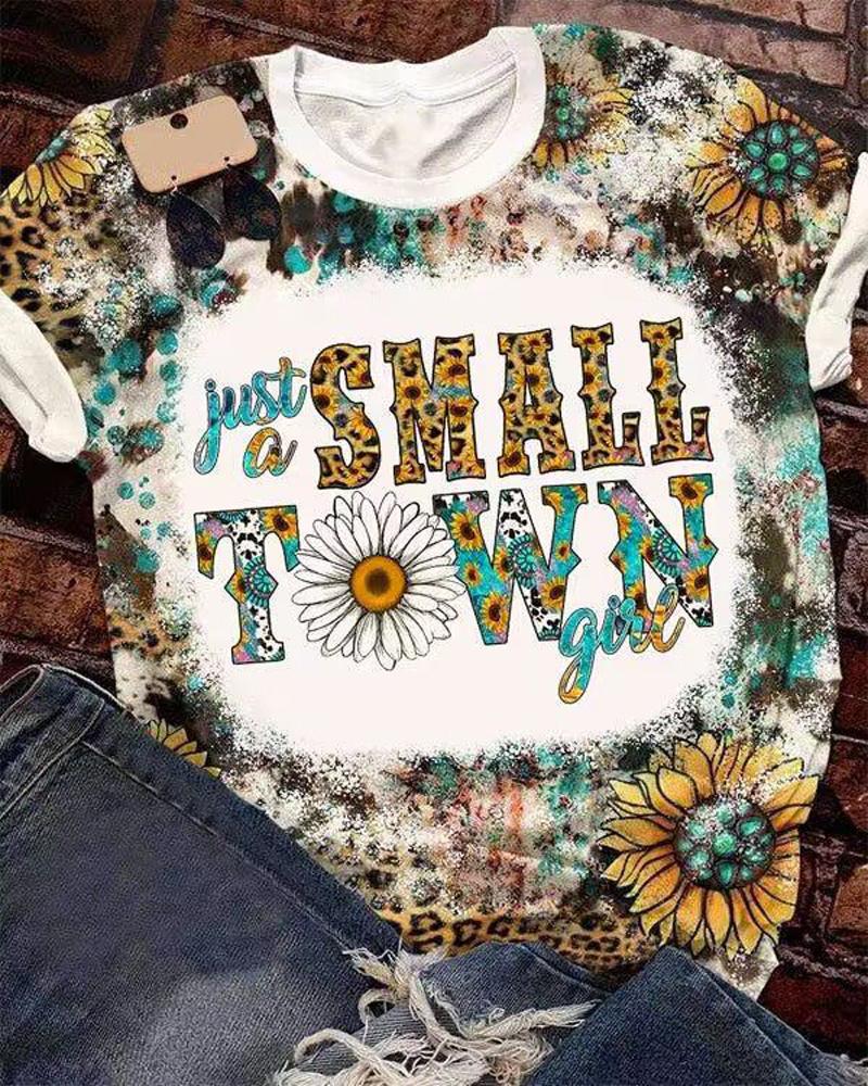 

Just A Small Town Girl Sunflower Leopard Print Casual T-shirt, Multicolor