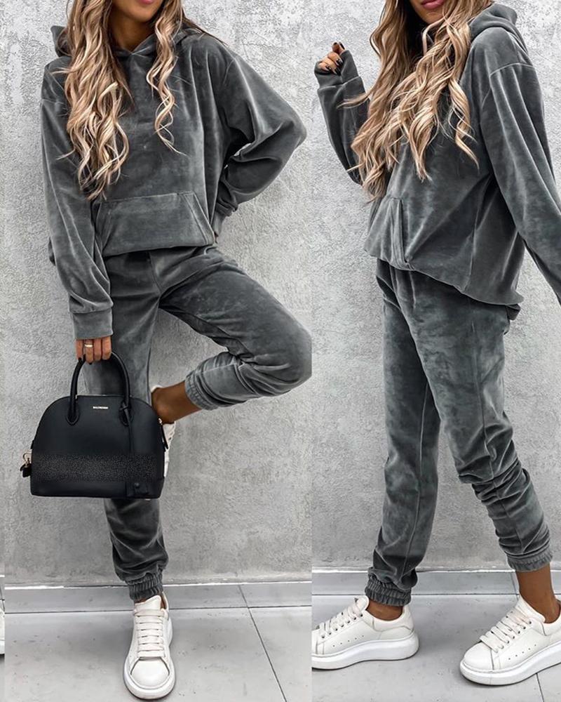 

Plain Pocket Design Hooded Top & Pants Set, Gray