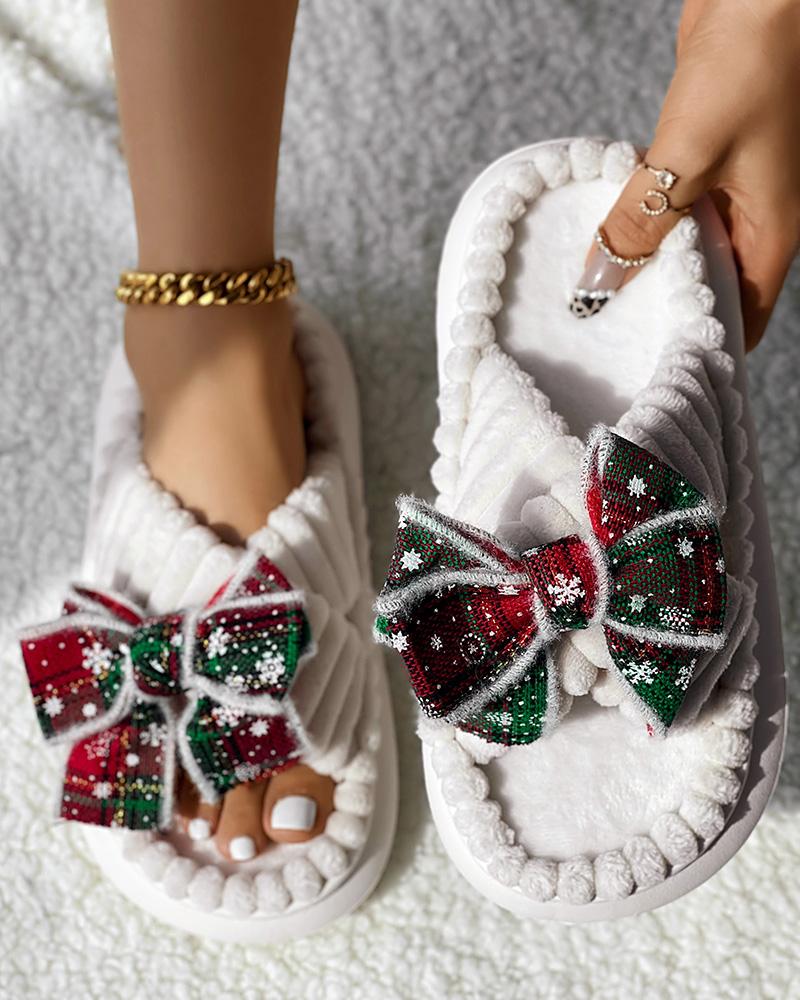 

Christmas Plaid Bowknot Design Non-Slip Fuzzy Winter Slippers, White