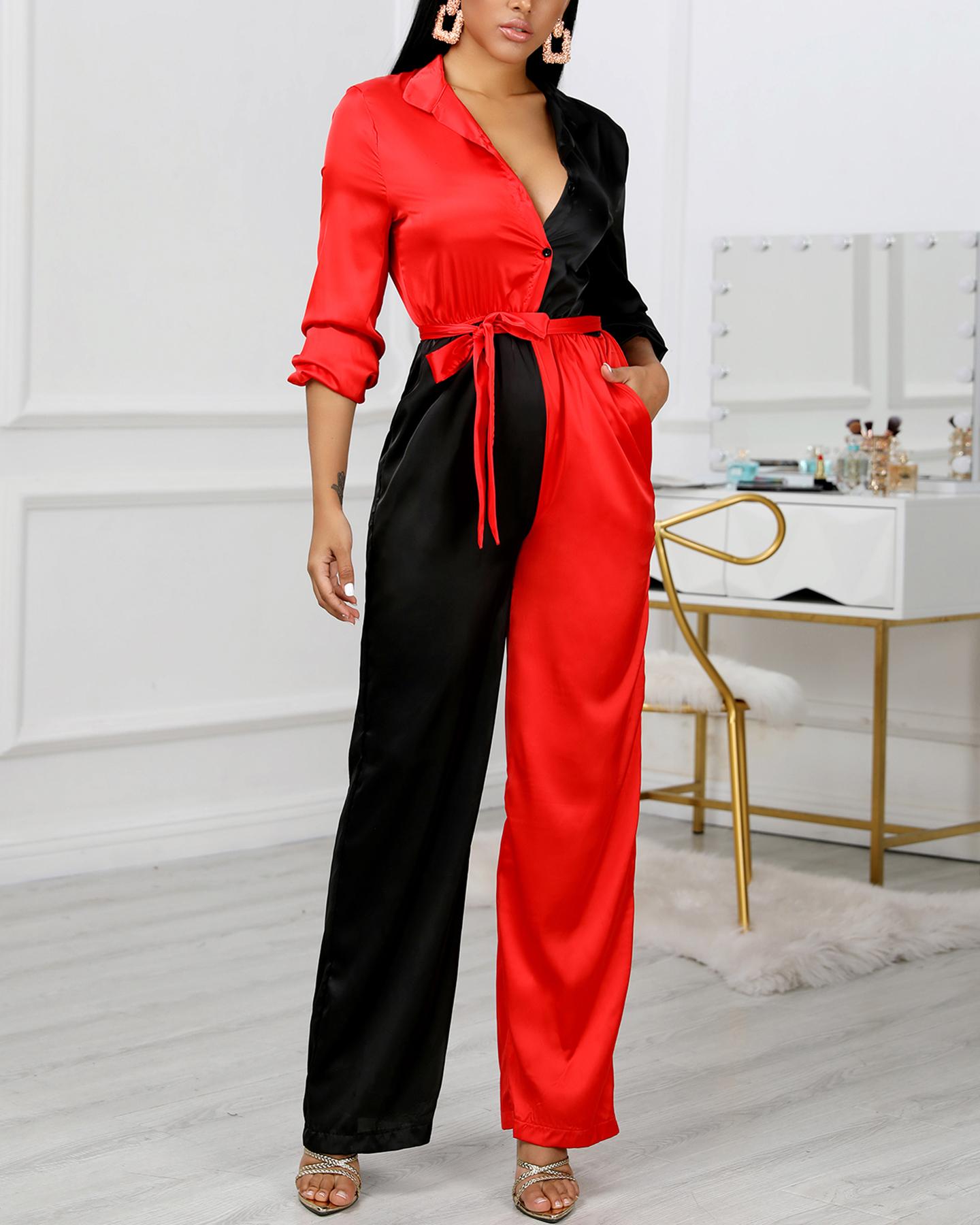 

Colorblock Long Sleeve Knotted Jumpsuit, Red