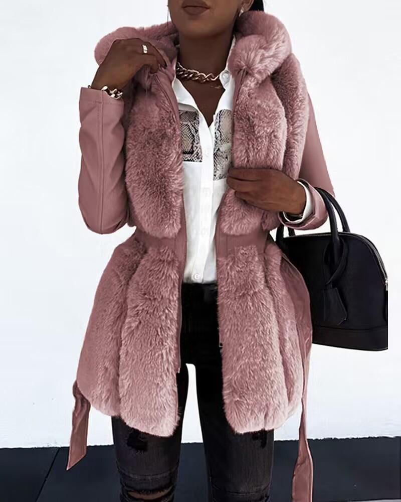 

Long Sleeve Hooded Zip Up Warm Fuzzy Coat, Pink