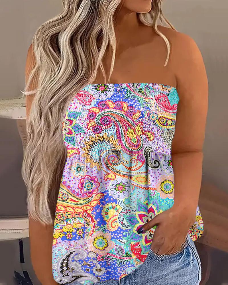 

Plus Size Paisley Print Shirred Bandeau Tank Top, Multicolor