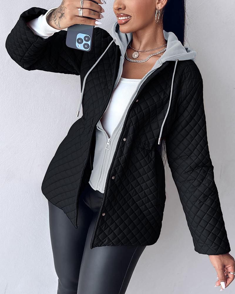 

Manteau à capuche à motif argyle colorblock avec cordon de serrage à la taille et fermeture éclair avec poches, Black