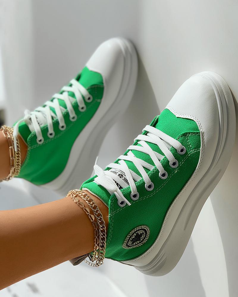 

Rhinestone Star Pattern Eyelet Lace-up Flatform Canvas Shoes, Green
