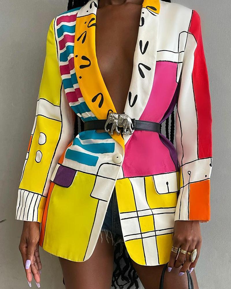 

Abstract Print Shawl Collar Single Button Blazer, Multicolor