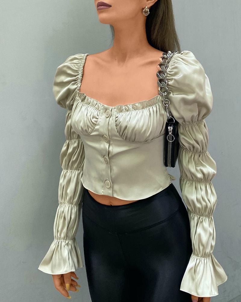 

Juilet Sleeve Ruched Frill Hem Top, Champagne