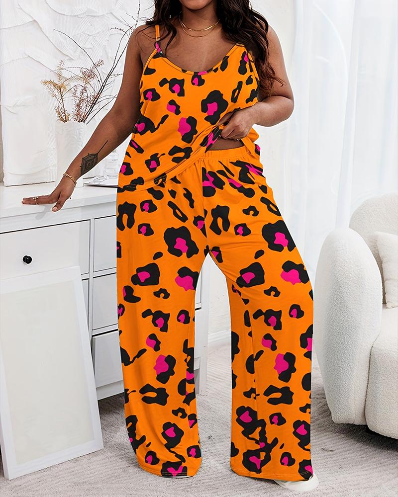 

Plus Size Pink Leopard Print Spaghetti Strap Pajamas Set, Orange