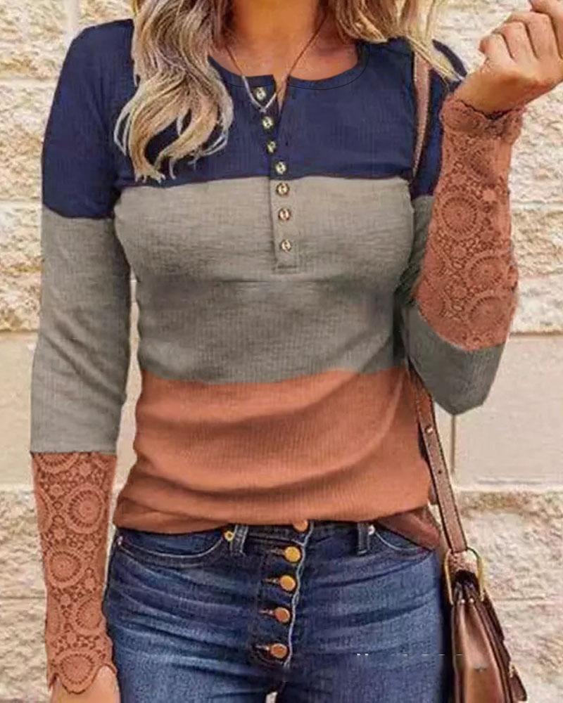 

Colorblock Contrast Lace Long Sleeve Top, Khaki