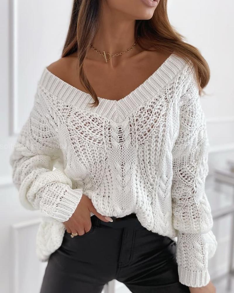

Plain Hollow Out Cable Knit Sweater, White