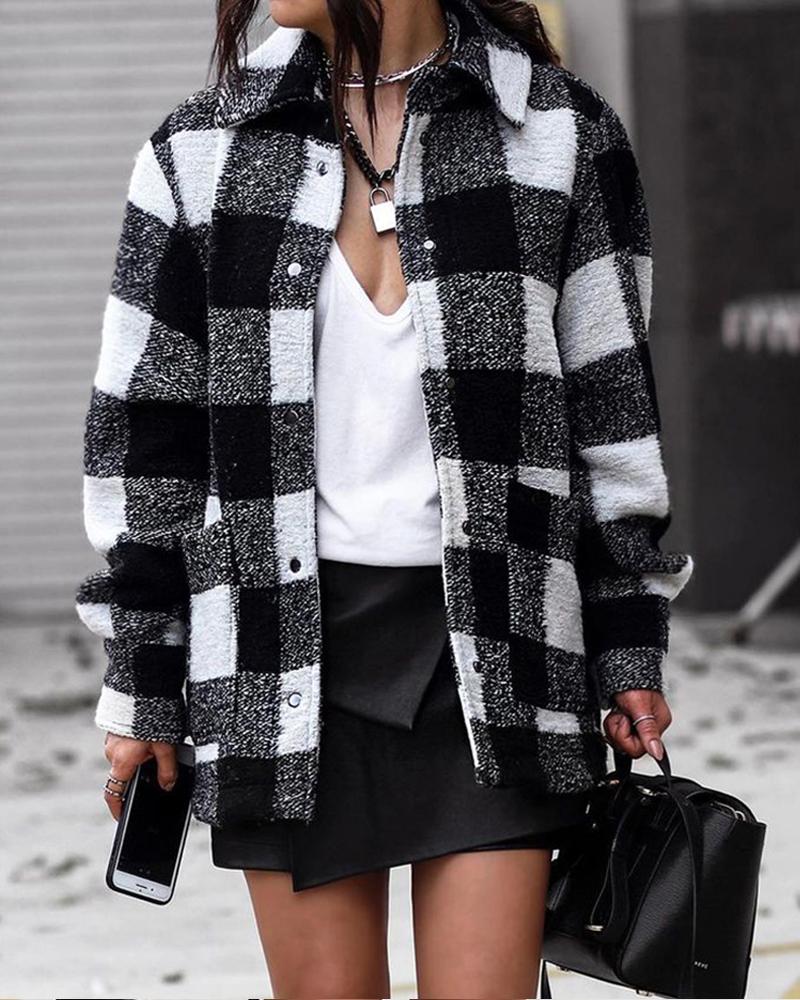 

Plaid Print Button Pocket Design Shacket, Blackwhite