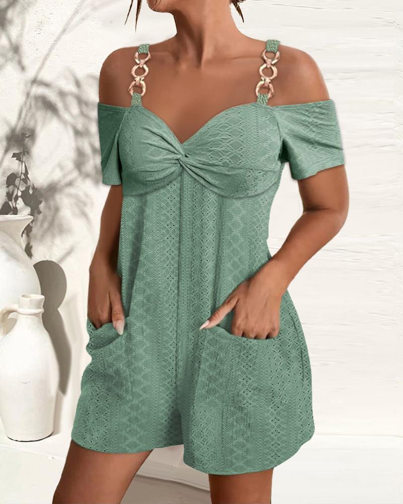 

Eyelet Embroidery Twisted Cold Shoulder Romper, Green
