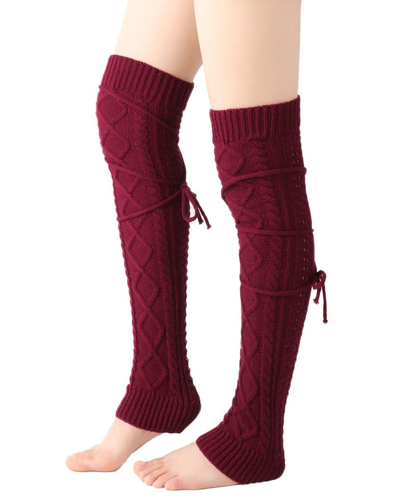 

Knit Cable Crisscross Thigh-High Leg Warmers, Wine red