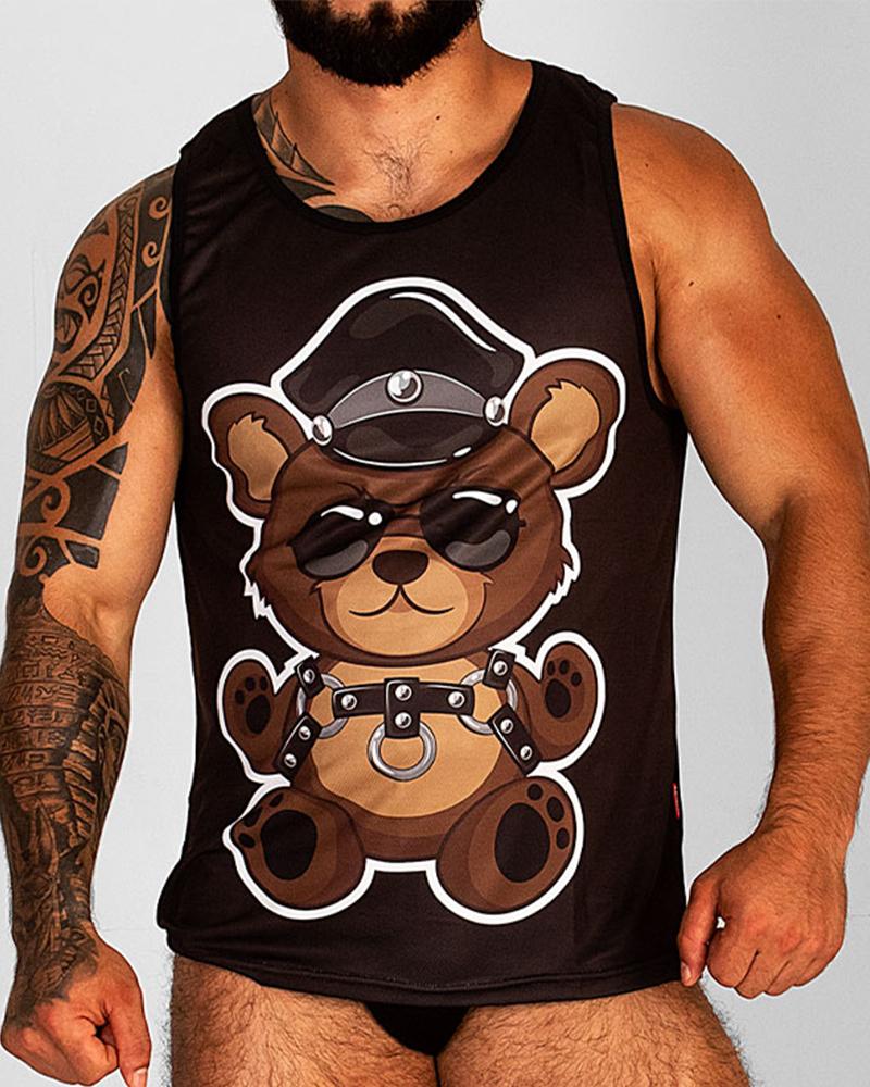 

Cartoon Teddy Bear Print Sleeveless Tank Top, Black