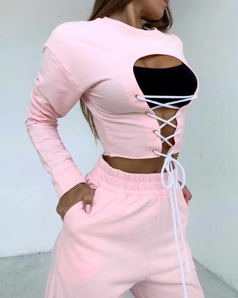 

Eyelet Lace-up Long Sleeve Crop Top & Pockets Pants Set, Pink