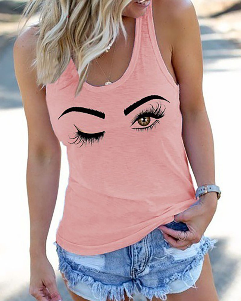 

Eyes Print Casual Tank Top, Pink