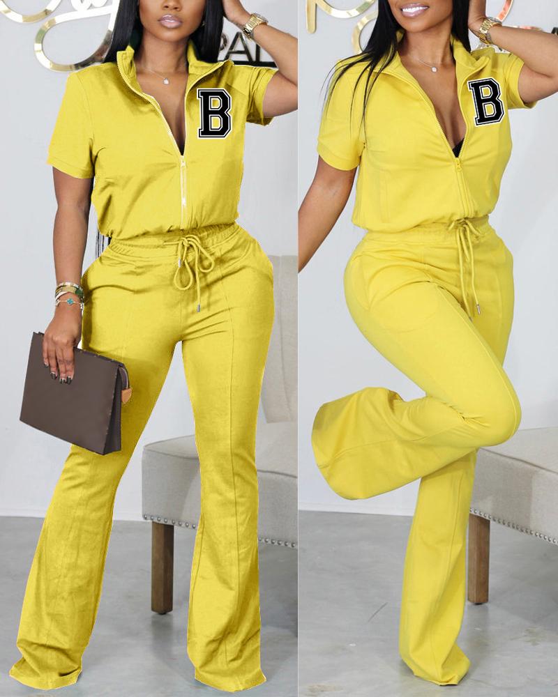 

Letter Print Zip Up Top & Drawstring Pants Set, Yellow