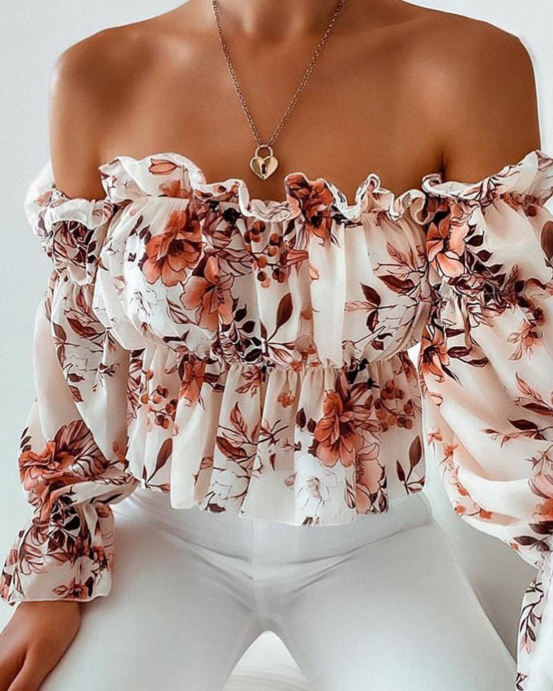 

Off Shoulder Floral Print Frill Hem Ruched Top, White
