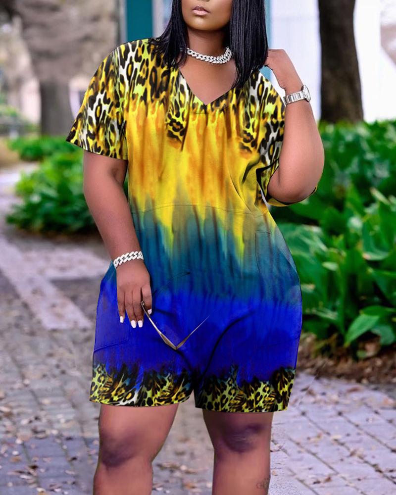 

Leopard & Gradient Color Print V-neck Maxi Jumpsuit, Yellow