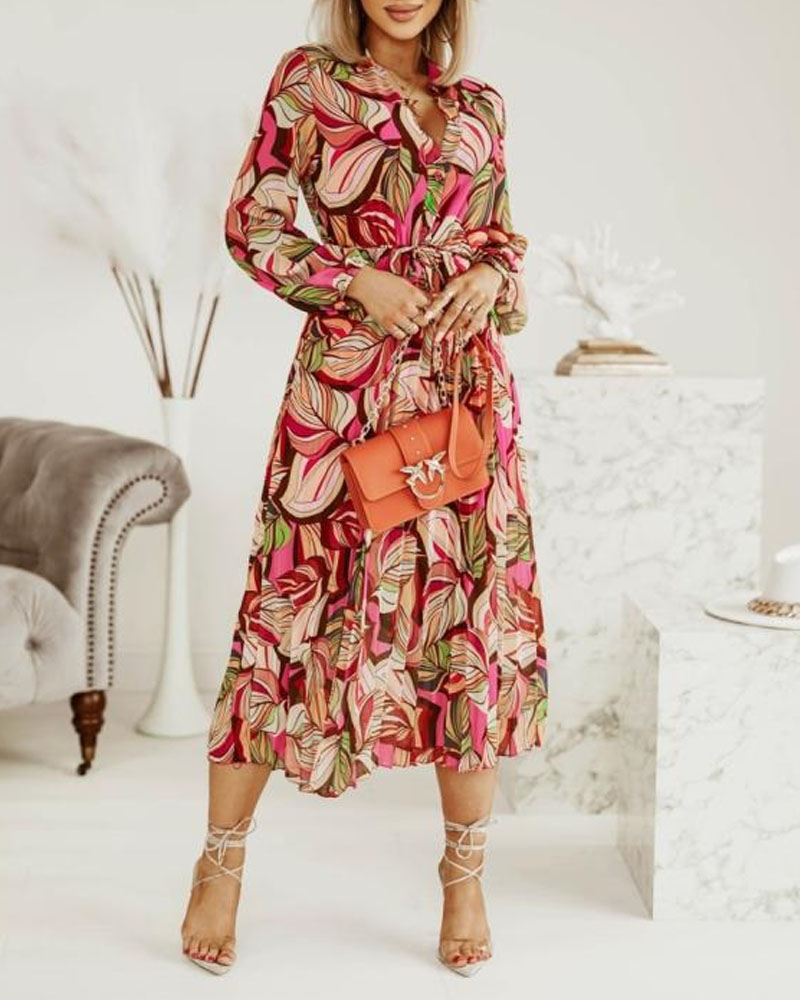 

Plants Print Button Front Pleated Shirt Dress, Hot pink
