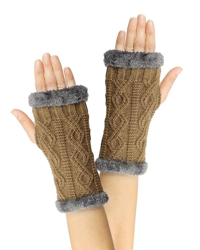 

1Pair Warm Fleece Lined Knit Fingerless Gloves, Brown