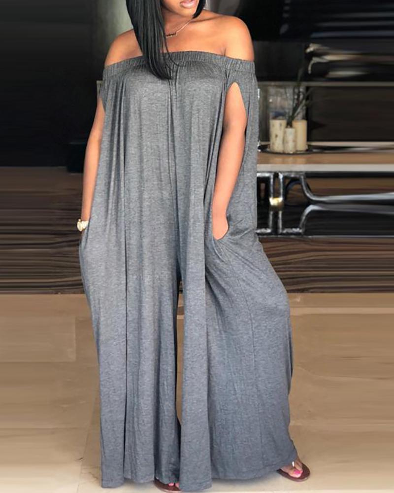 

Off Shoulder Pocket Design Ruched Wide Leg Jumpsuit, Gray