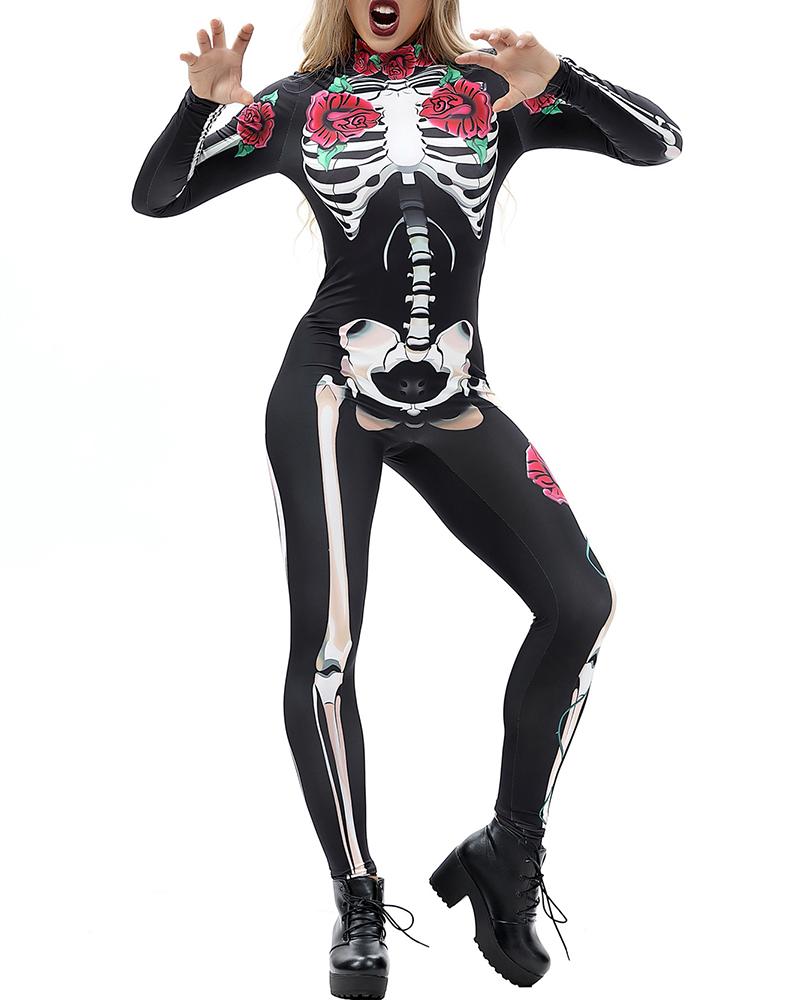 

Halloween Skeleton Floral Print Costume Jumpsuit, Black