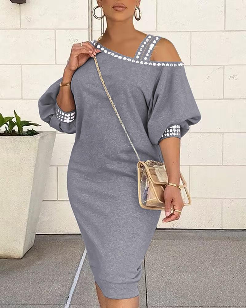 

Rhinestone Decor Cold Shoulder Casual Dress, Gray